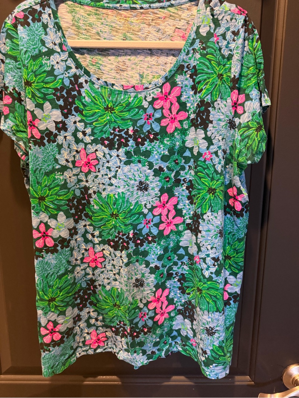 Lilly Pulitzer Green Floral Scoop Neck Tee with Pink Accents